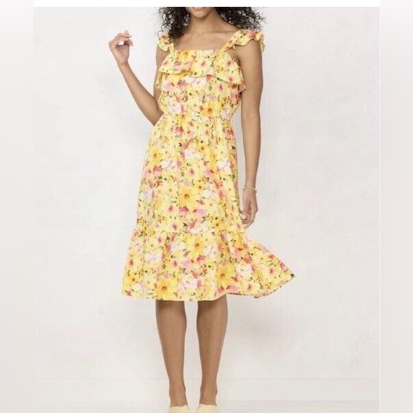 LC Lauren Conrad Dresses & Skirts - Lauren Conrad XXL Floral Yellow Ruffle Tank Midi Linen Blend Dress Easter Spring
